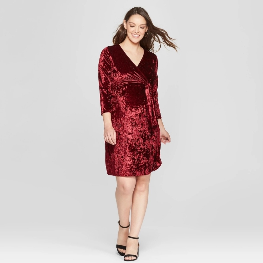 Crushed velvet red dress bell sleeves XS